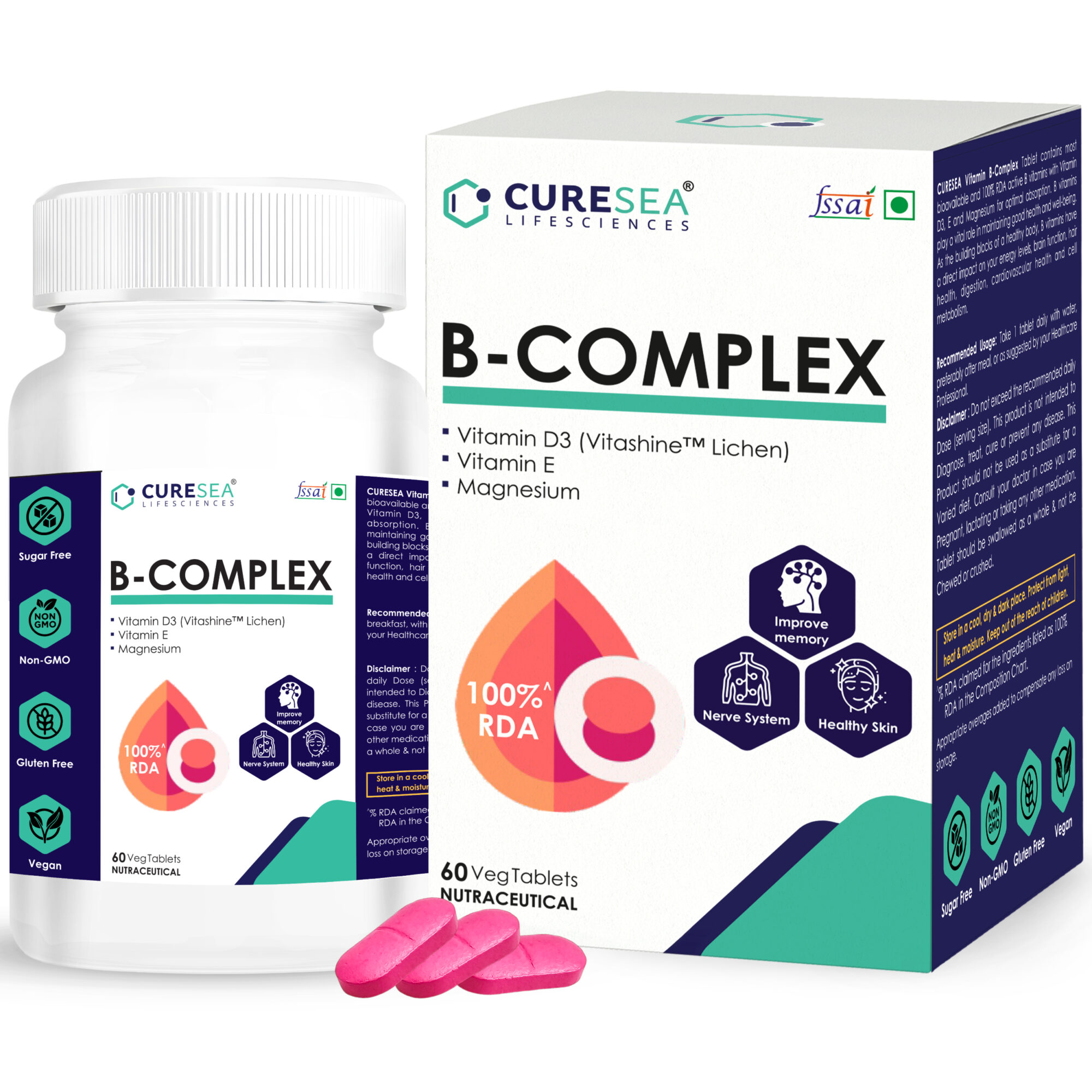 CureSea B-Complex supplement – plant-based B-vitamins with D3, E & Magnesium for energy and nerve support.