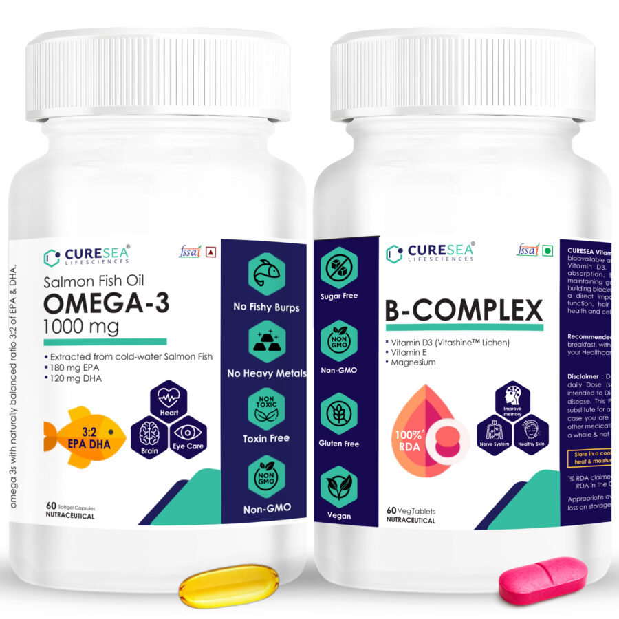 CureSea Plant-Based Vitamin B-Complex and Salmon Fish Oil Omega 3 Combo pack of 2