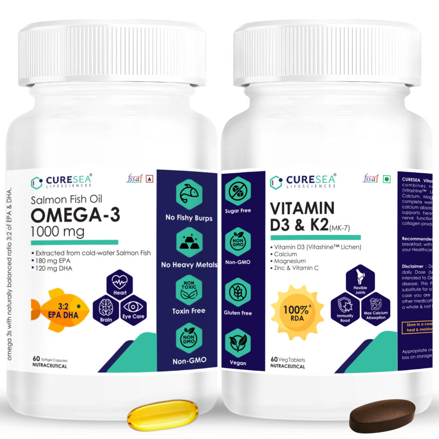CureSea Plant-Based Vitamin D3 & K2 (MK-7) and Salmon Fish Oil Omega 3 Combo pack of 2