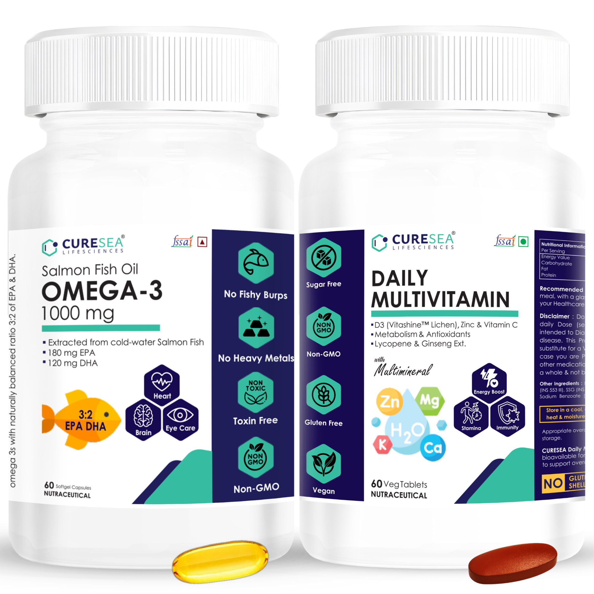 CureSea Plant-Based Vitamin Daily Multivitamin and Salmon Fish Oil Omega 3 Combo pack of 2