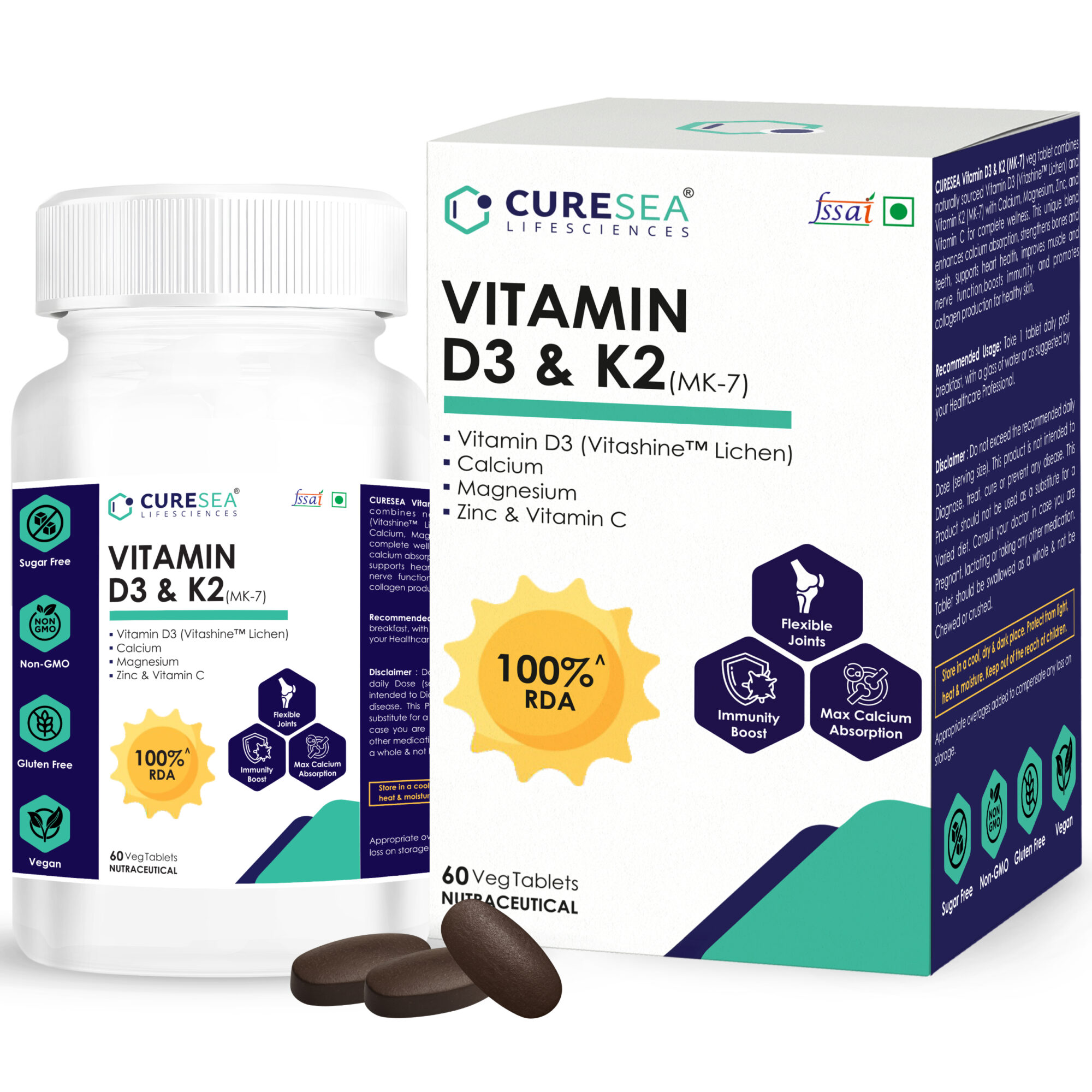 CureSea Plant-Based Vitamin D3 & K2 supplement – Vegan D3 from Lichen and MK-7 K2 for bone, heart, and immune support.