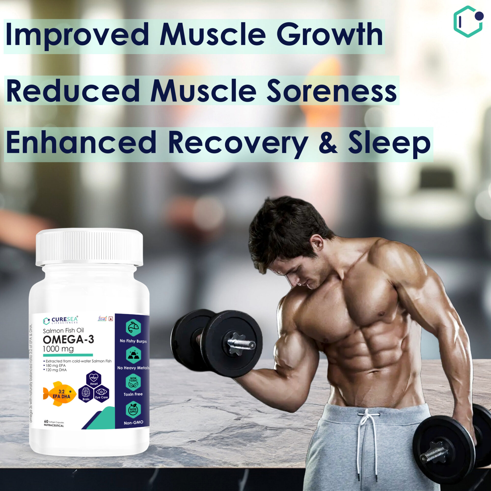 CureSea Salmon Fish Oil Omega-3 supplement (1000 mg) for improved muscle growth, reduced muscle soreness, enhanced recovery and sleep.