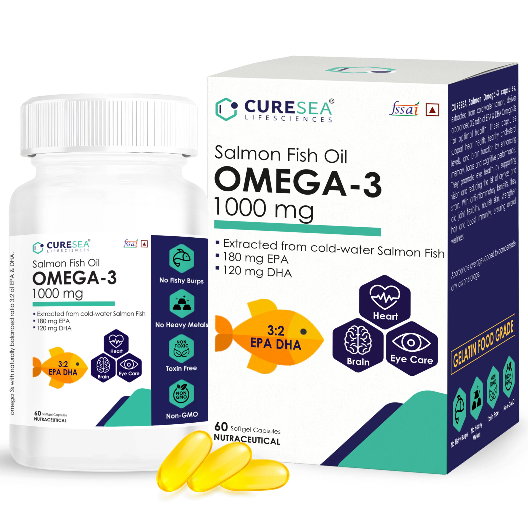 CureSea Salmon Fish Oil Omega-3 supplement (1000 mg) 60 softgel capsules, 180 mg EPA, 120 mg DHA, no fishy burps, no heavy metals, toxin-free, non-GMO, and gelatin food grade.